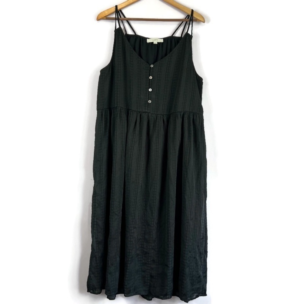 ANN TAYLOR LOFT Button Front Double Strap Gauzy Lined Tank Dress Size 14 BLACK